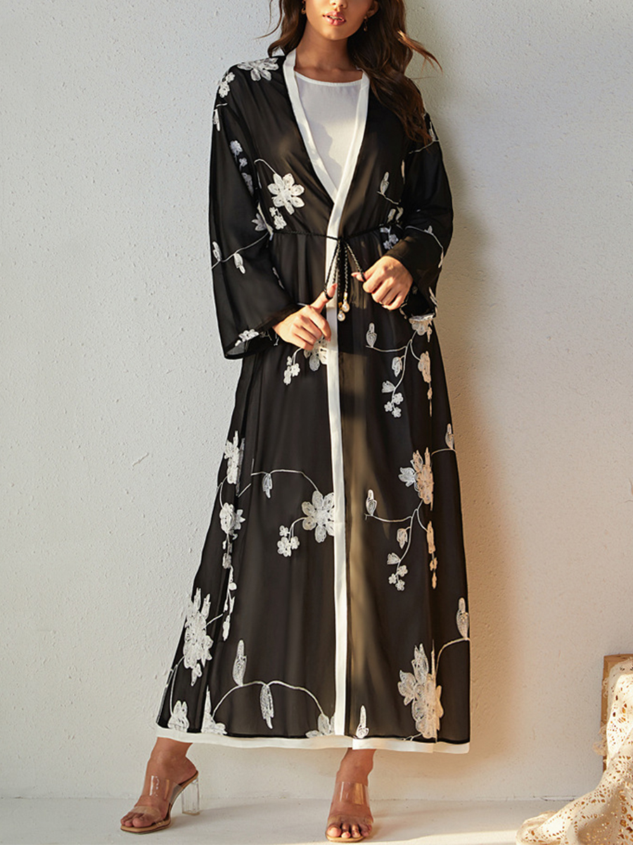 Ladies Elegant Flower Embroidered Casual Robe Dress Cardigan