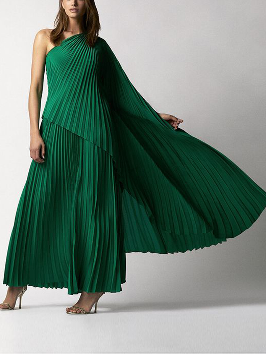 Women's Elegant Simple Pleated Slanted Shoulder Design Irregular Suit