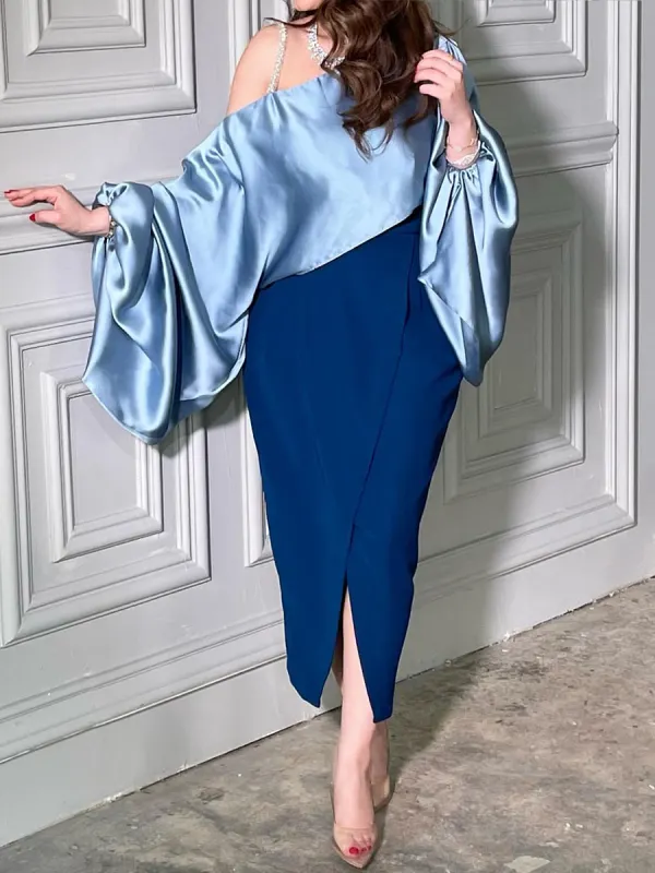 Women's Holiday One Shoulder Splicing Blue Evening Dress - Anystylish.com 
