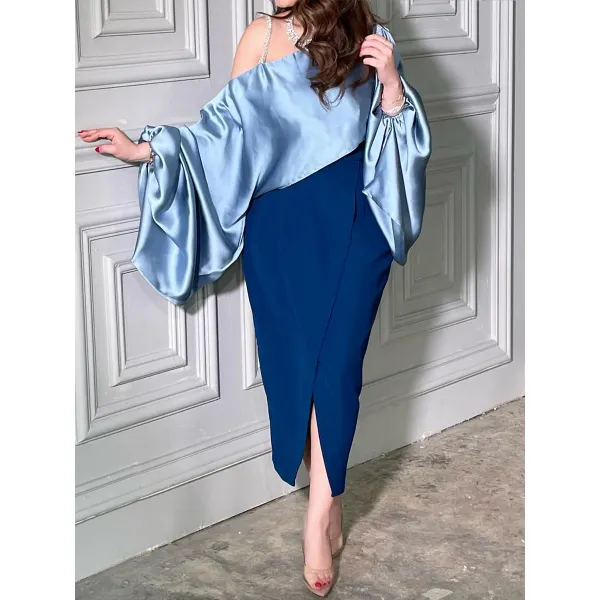 Women's Holiday One Shoulder Splicing Blue Evening Dress - Seeklit.com 