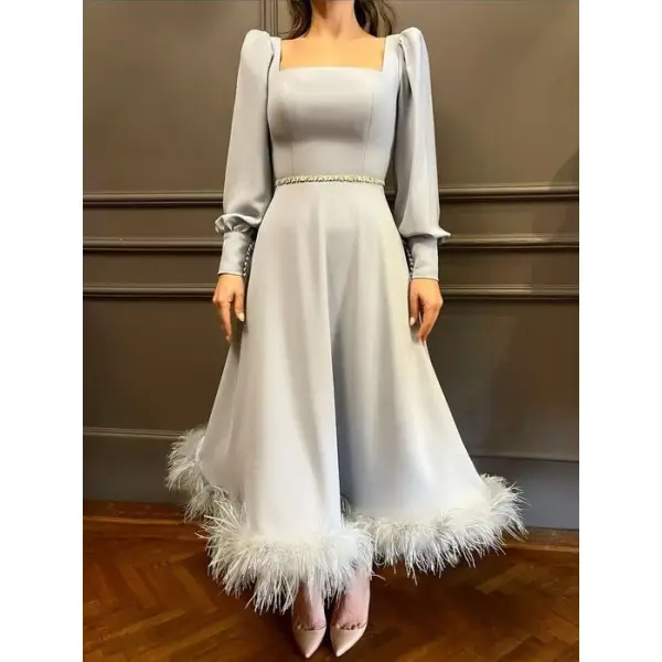 Women's Elegance Light Grey Satin Feather Hem Princess Gown Dress - Seeklit.com 