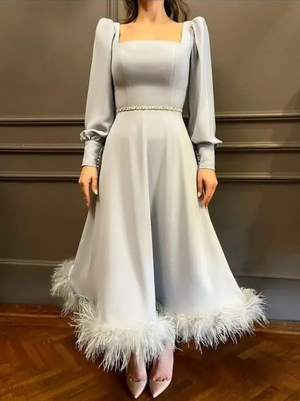 Women's Elegance Light Grey Satin Feather Hem Princess Gown Dress - Ininrubyclub.com 