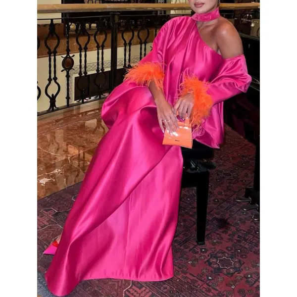 Ladies Elegant Satin Feather Off Shoulder Fashion Dinner Long Dress - Seeklit.com 