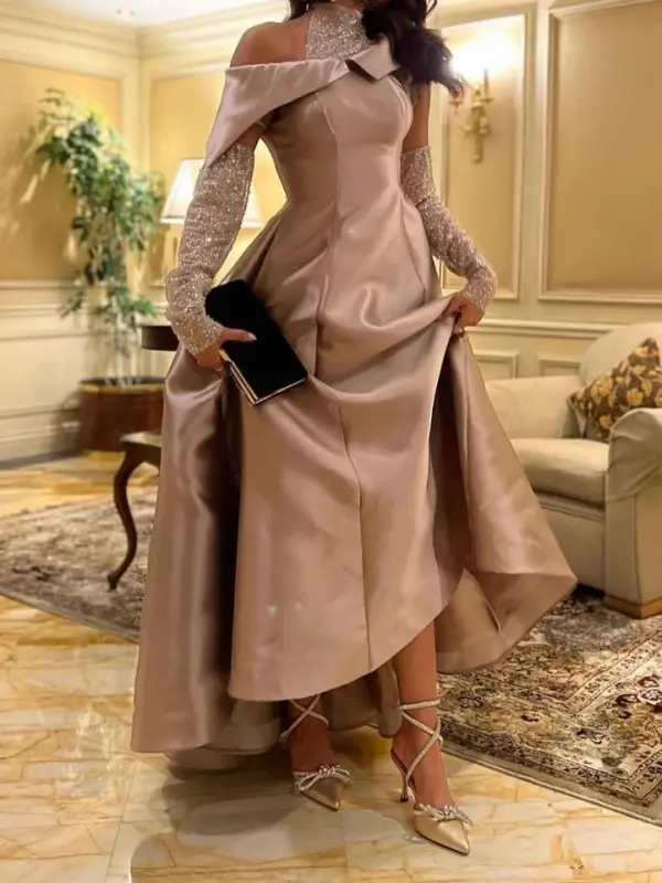 Women's Elegant Grey Pink Satin Patchwork Sequins Asymmetric Design Gown Dress - Anystylish.com 