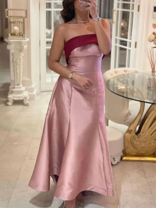 Women's Elegant Gorgeous Satin Silk Pink Colorblock Bandeau Dress - Ininrubyclub.com 