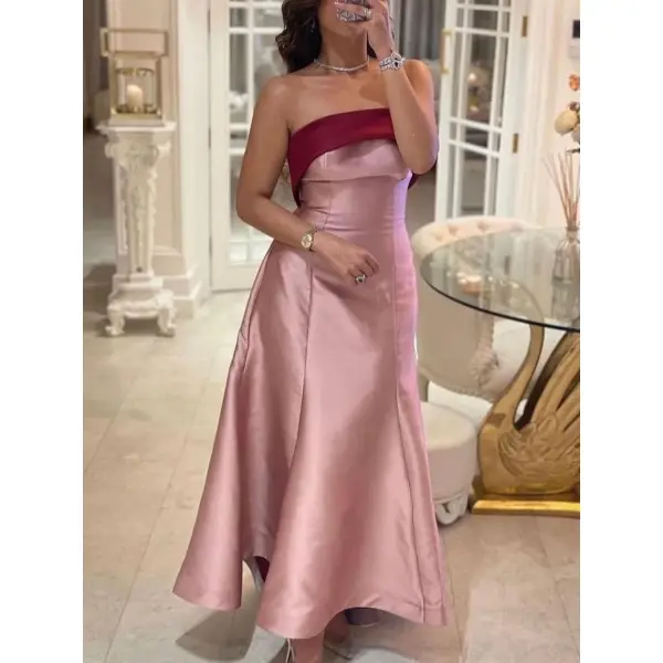 Women's Elegant Gorgeous Satin Silk Pink Colorblock Bandeau Dress - Seeklit.com 