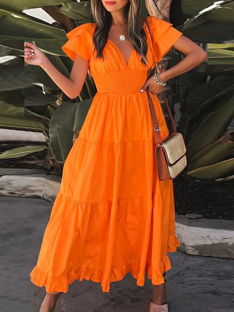 Summer Fashion Solid Color Short Sleeve Maxi Dress
