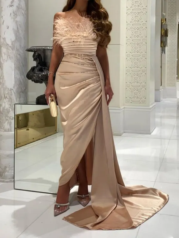 Women's Elegant Fashion One Shoulder Feather Dinner Party Dress - Clubester.com 