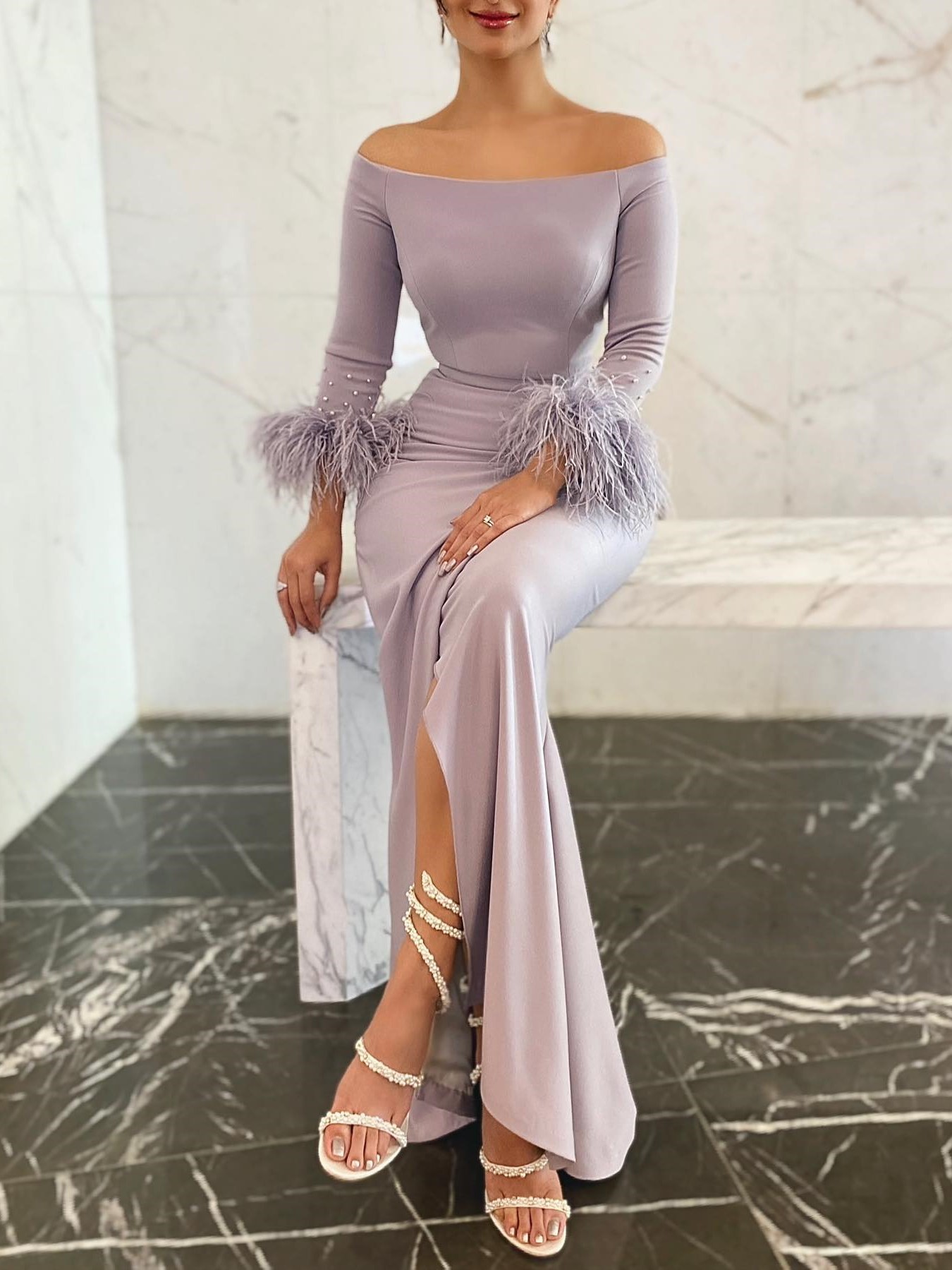 Women's Elegant One Shoulder Feather Long Sleeve Beaded Slit Dress