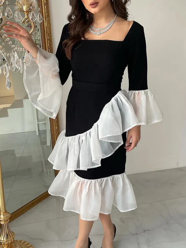 Ladies Elegant Paneled Square Neck Ruffle Party Long Dress - Anystylish.com 