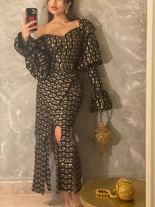 Women's Fashion Gorgeous Hot Stamping Print Balloon Sleeve Slit Dress - Anystylish.com 