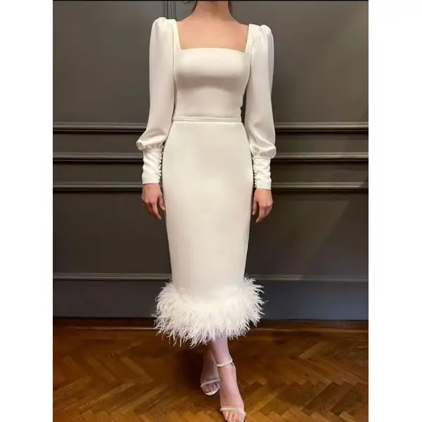 Women's Fashion Elegant Square Neck High Waist Feather Skirt Sweet Dress - Seeklit.com 