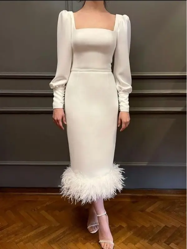 Women's Fashion Elegant Square Neck High Waist Feather Skirt Sweet Dress - Anystylish.com 