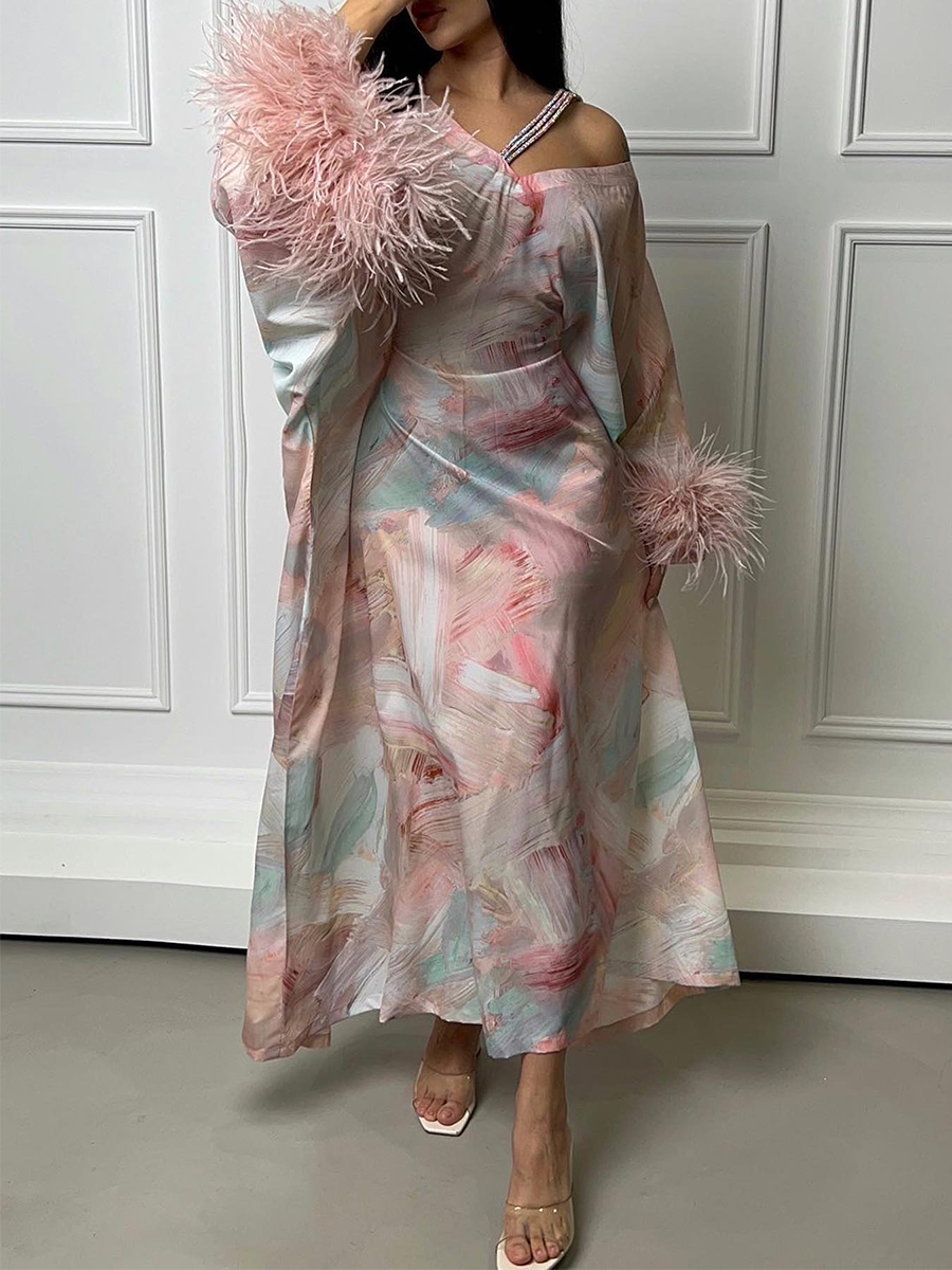 Ladies Elegant Fashion V Neck Print Feather Long Sleeve Long Dress