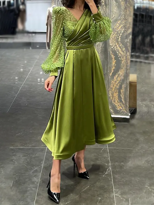 Ladies Elegant Fashion V Neck Lantern Sleeve Tulle Solid Color Dress - Anystylish.com 