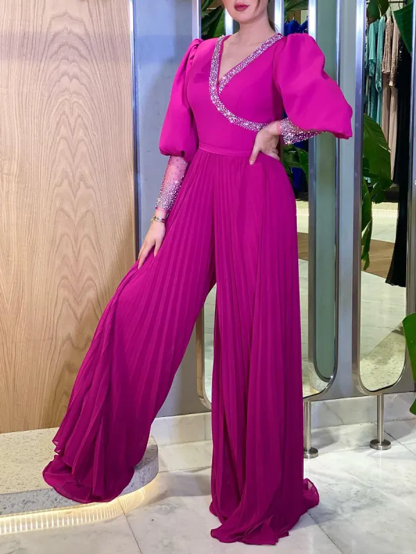 Ladies Elegant Fashion V-Neck Hot Silver Stitching Solid Color Jumpsuit - Ininrubyclub.com 