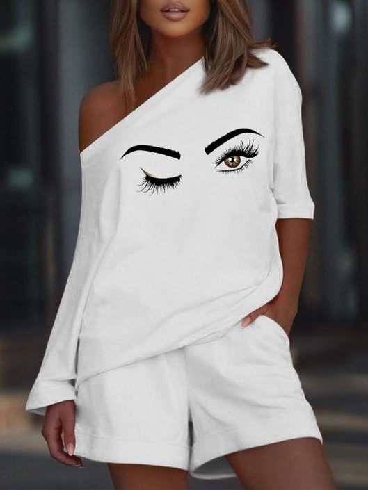 Women's Fashion Casual Big Eyes Positioning Printed Slanted Shoulder Suit
