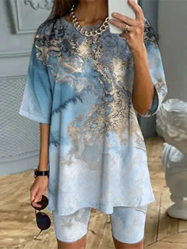 Women's Fashion Casual Marble Foil Printing Round Neck Drop Shoulder Suit - Anystylish.com 
