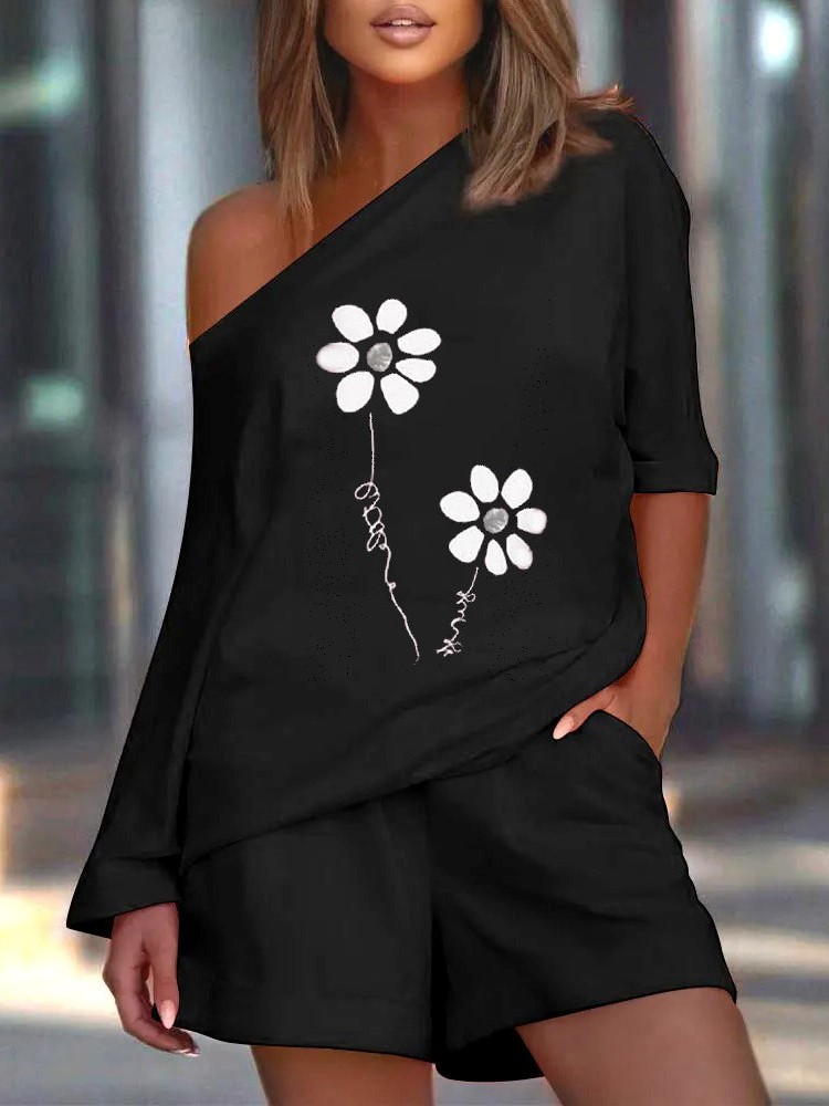 Women's Fashion Casual Sunflower Positioning Print Slanted Shoulder Suit