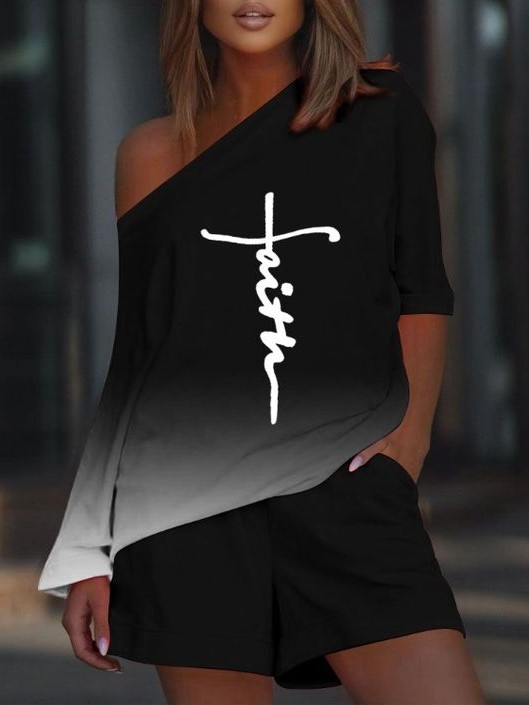 Women's Fashion Casual Letter Positioning Printed Slanted Shoulder Suit