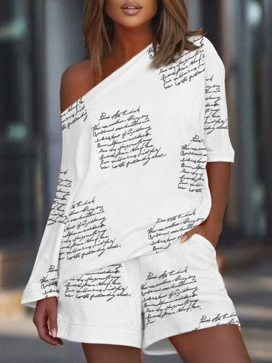 Women's Fashion Casual Letters Paragraph Positioning Printed Slanted Shoulder Suit