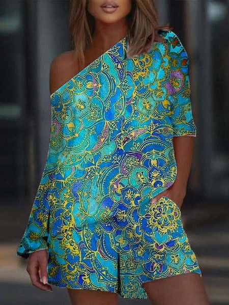 Women's Fashion Casual Retro Peacock Blue Printed Slanted Shoulder Suit