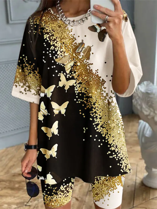 Ladies Fashion Casual Hot Gold Butterfly Print Round Neck Short Sleeve Shorts Set - Anystylish.com 