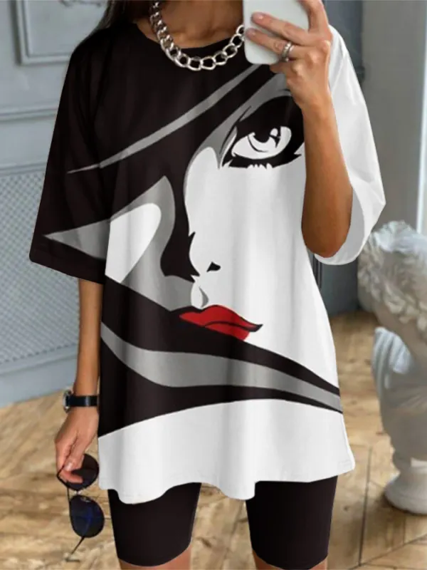 Women's Fashion Casual Abstract Face Print Short Sleeve Shorts Set - Anystylish.com 
