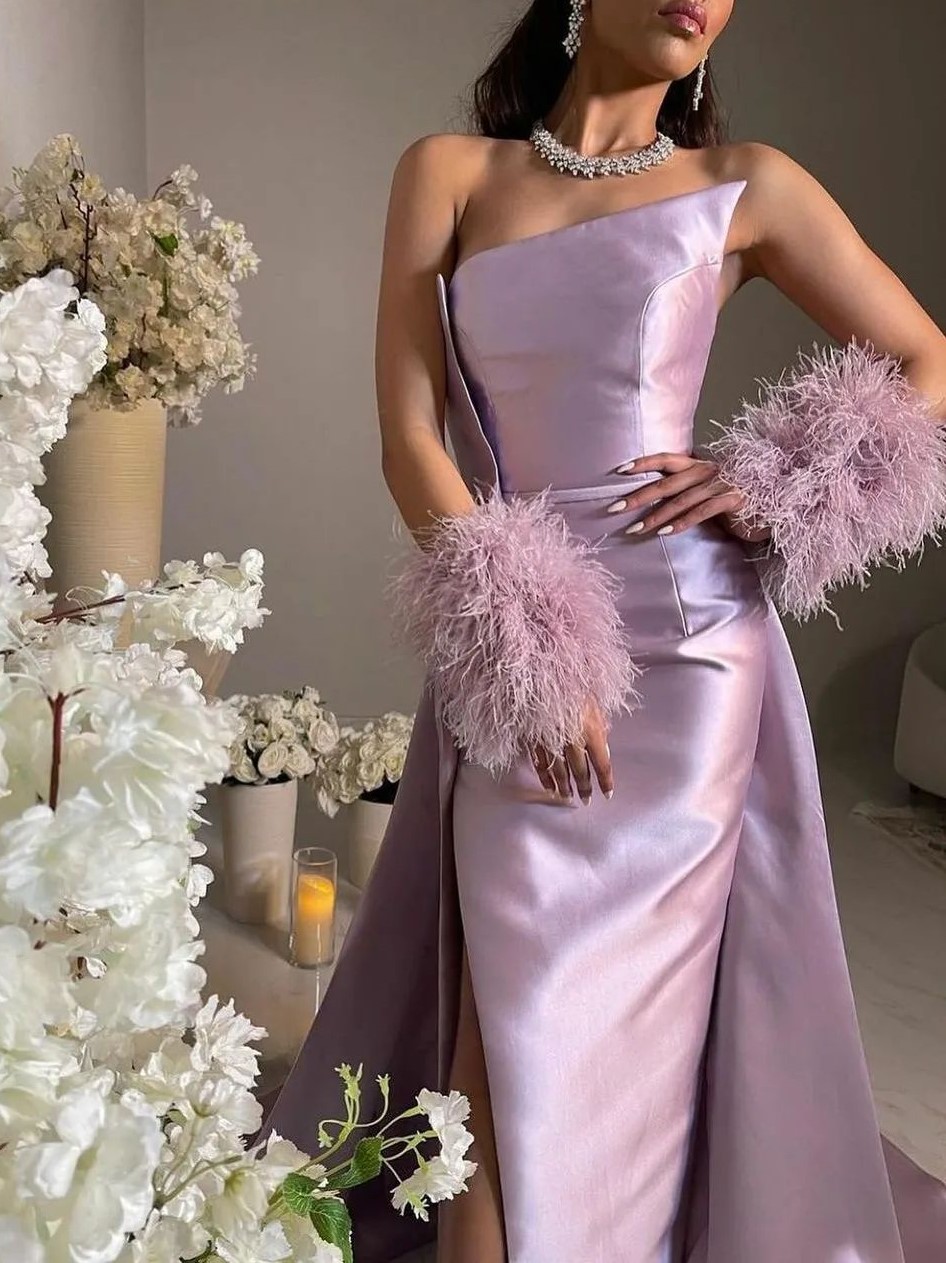 Women's Elegant Fashion Pink Purple Satin Irregular Tube Top Slit Fur Sleeve Dress Dress