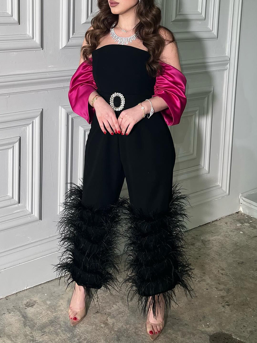 Ladies Elegant Fashion Feather Off Shoulder Panel Dinner Jumpsuit