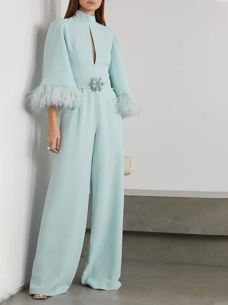 Women's Elegant Embellished Feather Crepe Party Evening Jumpsuit