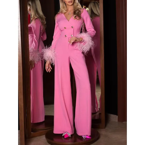 Ladies Elegant V Neck High Waist Fashion Long Sleeve Feather Dinner Party Jumpsuit - Seeklit.com 