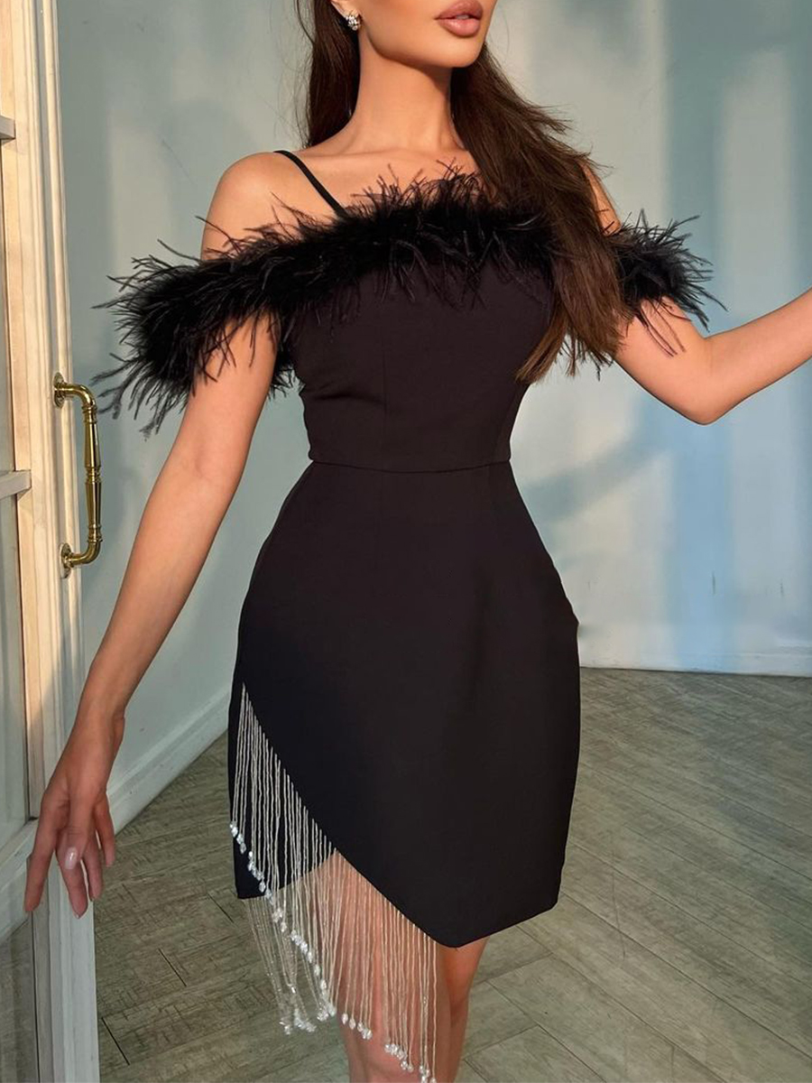 Ladies Elegant Fashion Feather Party Fringe Strap Dinner Dress