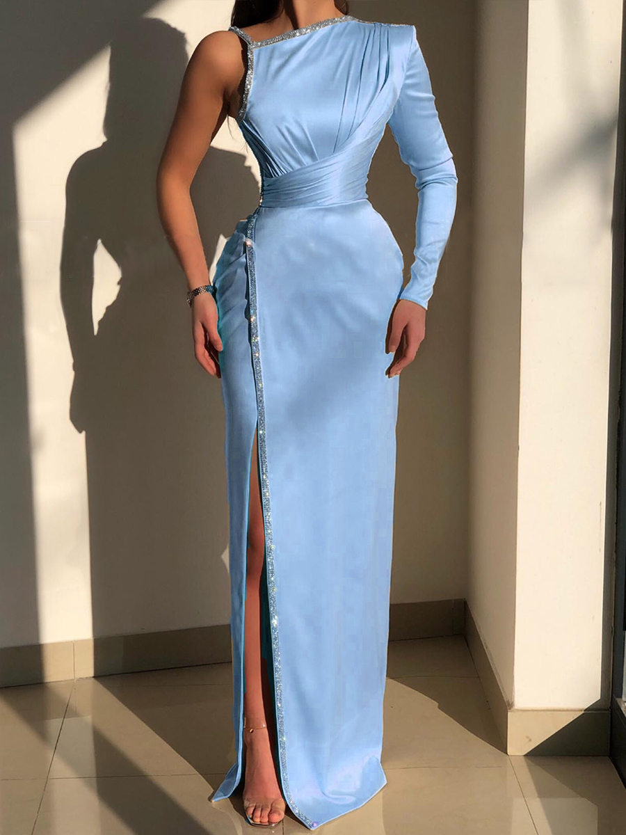 Women Fashion Satin One Shoulder Sequins Holiday Evening Dress