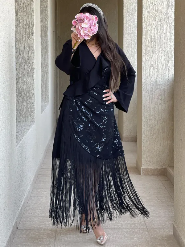 Ladies Elegant Puff Sleeve V Neck Fringe Festive Holiday Ruffle Party Dress - Anystylish.com 