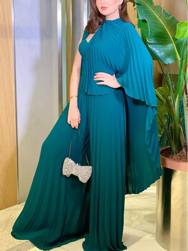 Women's Fashion Elegant Pleated Asymmetric Shawl Wide Leg Pants Jumpsuit - Anystylish.com 