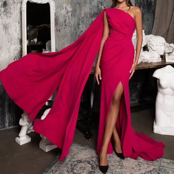 Women's Elegant Sexy Sloping Shawl High Waist Slit Dress Long Skirt - Seeklit.com 