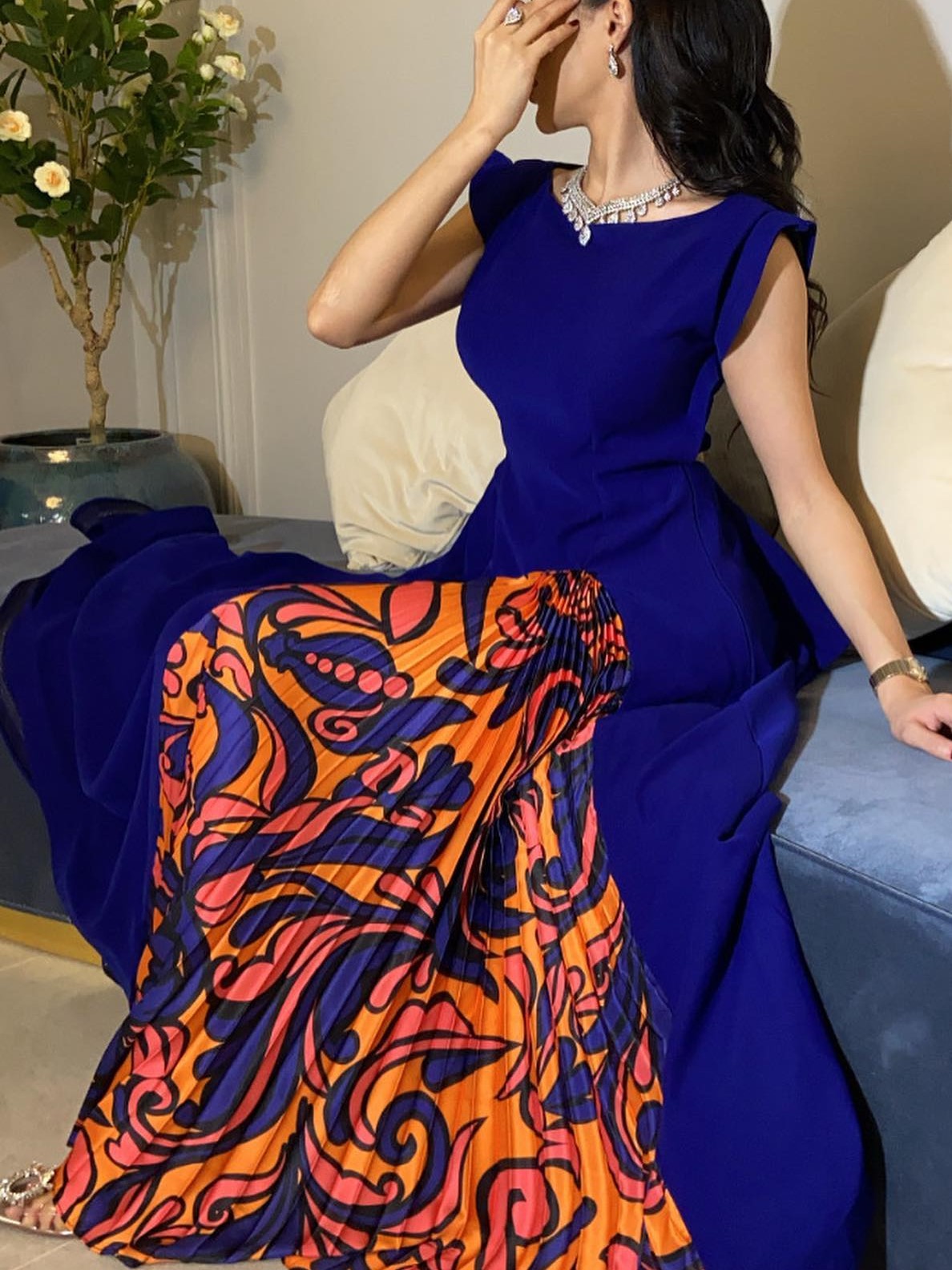 Women's Fashion Elegant Print Pleated Panel A Type Waist Dress
