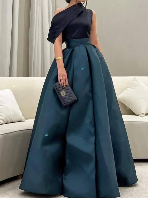 Women's Fashion Elegant Sloping Shoulder Design High Waist Flare Dress Long Skirt - Anystylish.com 