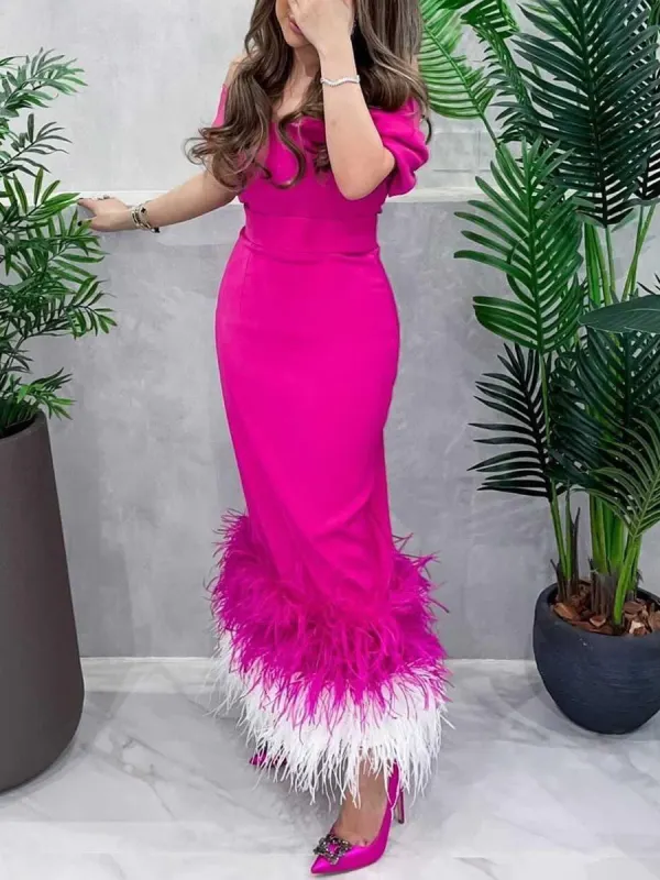 Ladies Elegant Short Sleeve Feather Solid Color Dinner Party Festive Dress - Anystylish.com 