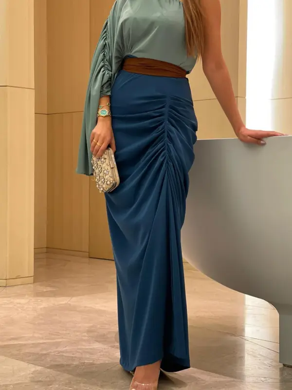 Women's Fashion Elegant Ruched Slanted Shoulder Color Block High Waist Dress - Anystylish.com 