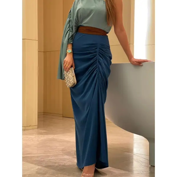 Women's Fashion Elegant Ruched Slanted Shoulder Color Block High Waist Dress - Seeklit.com 
