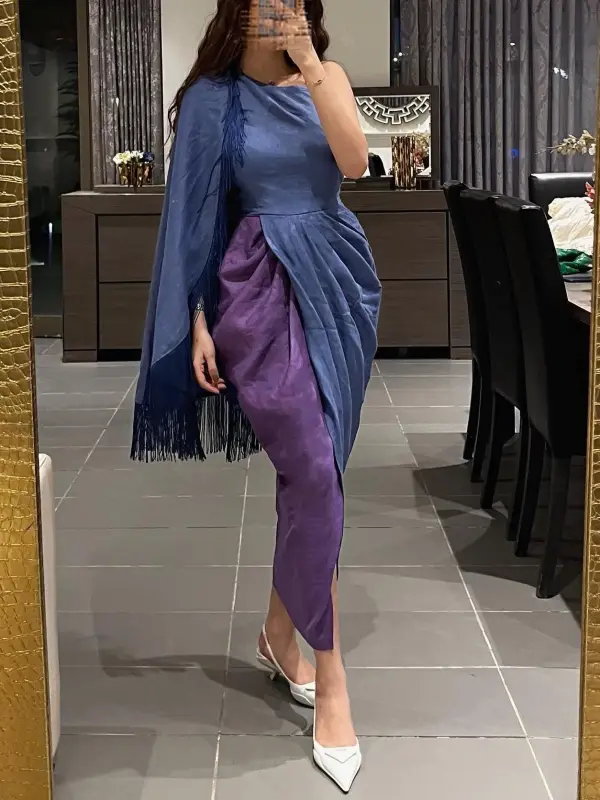 Women's Fashion Elegant Asymmetric Cape Fringe Long Sleeve Panel Slim Dress - Anystylish.com 