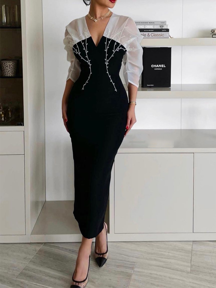 Ladies Elegant Embroidered Colorblock Fashion Dinner Party Festive Dress