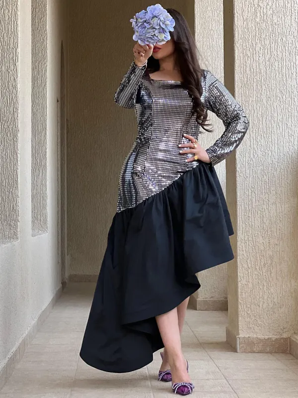 Ladies Elegant Vintage Glitter Panel Ruffle Party Festive Dress - Anystylish.com 
