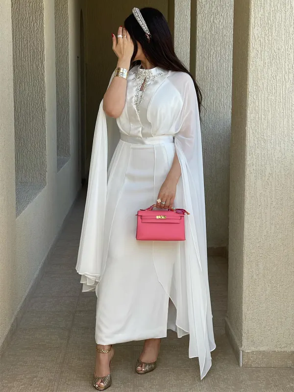 Ladies Elegant Applique Cape Sleeve Cutout Party Festive Dress - Anystylish.com 