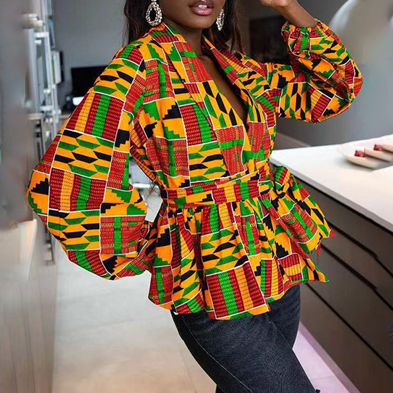 Ladies Elegant Print Balloon Sleeve V Neck Top