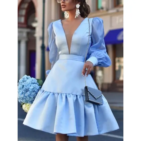Women's Trendy Elegant Satin Light Blue Balloon Sleeves Sweet Princess Dress Dress - Seeklit.com 