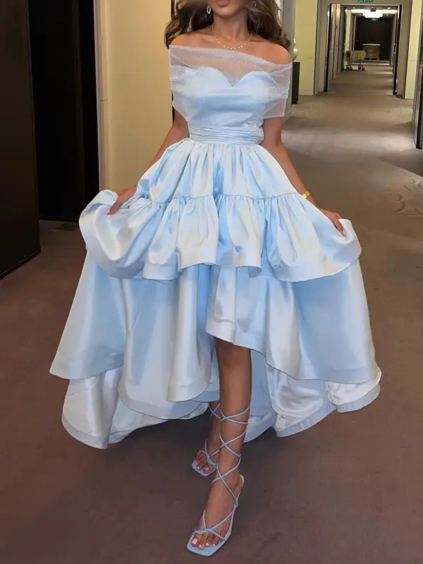 Women's Fashion Elegant Light Blue Satin Tube Top Tulle Layered Panel Light Dress Dress - Anystylish.com 