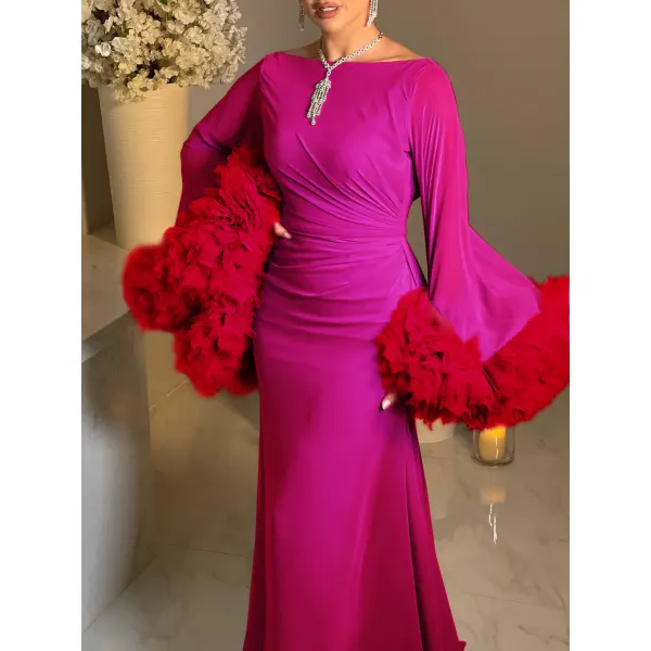 Women's Elegant And Gorgeous Rose Red Stitching Ruffle Trumpet Sleeve Tulle Dress - Seeklit.com 